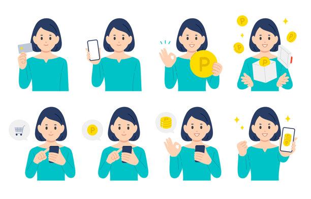 年轻女子使用信用卡和智能手机购物并赚取积分【矢量图／插画／人物】图片下载