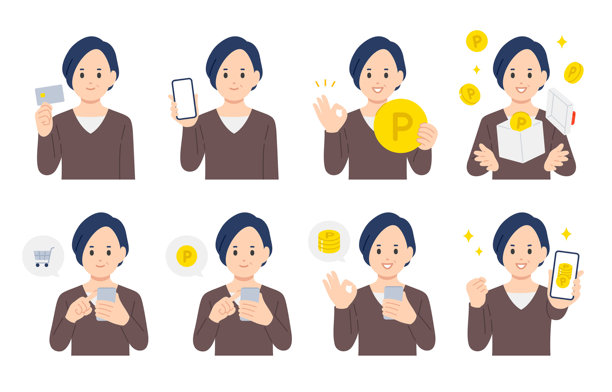 中年女性使用信用卡和智能手机购物并赚取积分【矢量图／插画／人物】图片下载