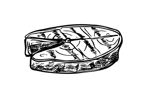 简约黑白风格的单色香煎三文鱼牛排矢量插画。手绘烤海鲜切片墨水图形元素，适用于美食博客、烹饪书籍、海报。图片下载