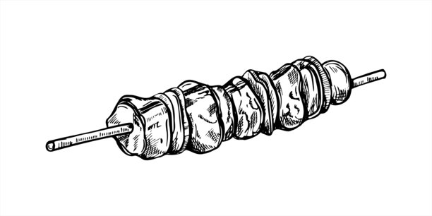 单色矢量烤肉串木签线条艺术黑墨水素描。蚀刻画烤牛肉或鸡肉串，用于烧烤菜单、街头食品海报、夏季派对设计。图片下载