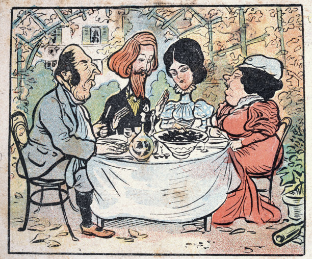 花园午餐的复古卡通，情侣，成年女儿与男友，法式，复古插画，19世纪，维多利亚时代图片下载