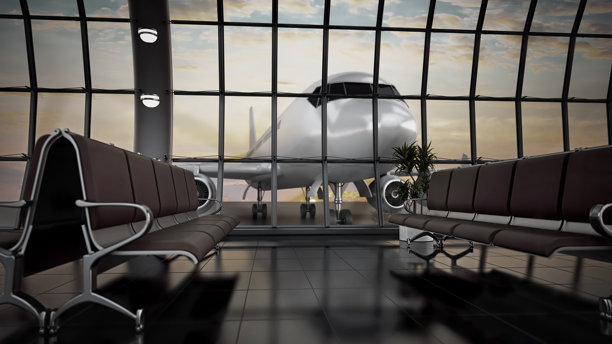 日落时分，飞机准备起飞，旅客在机场航站楼内等候。3D插画图片下载