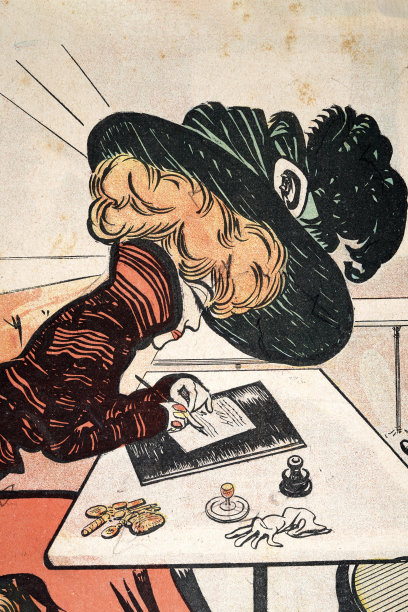 年轻女子红发坐在咖啡馆桌子旁写信，复古插画，维多利亚时代19世纪1890年代图片下载