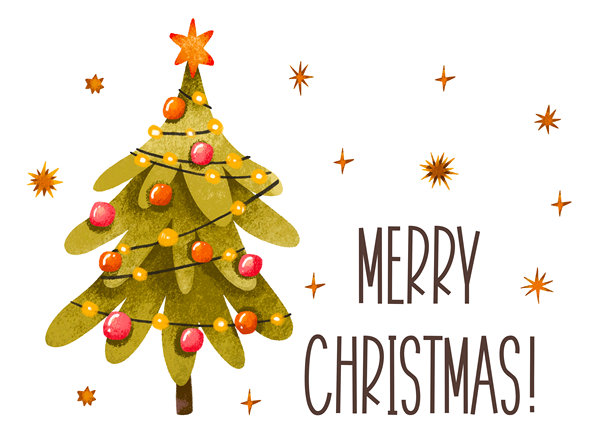 圣诞快乐 卡通云杉 手绘水彩插画 新年贺卡 冬青松树图片下载