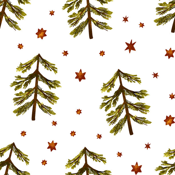 卡通森林圣诞树云杉冷杉童话复古手绘水彩孤立背景儿童冬季节日插画十二月派对无缝图案魔法图片下载