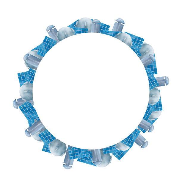 圆形边框，由蓝色和灰色太空卫星组成的环。数字水彩插画。适合儿童设计的邀请函、明信片、海报、传单、包装等，可爱风格。图片下载