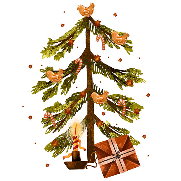 童话卡通圣诞树，点缀着蜡烛、金色鸭子玩具和糖果。节日快乐，新年进步贺卡。手绘插画，孤立背景。图片下载