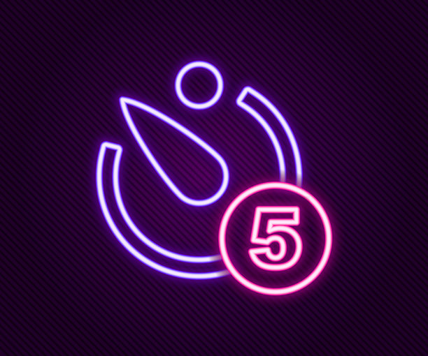 发光的霓虹线条相机计时器图标，孤立在黑色背景上。照片曝光。秒表计时器 5 秒。多彩轮廓概念。矢量图示量化图片下载