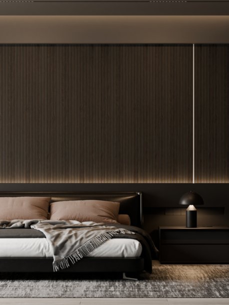 雅致的深色现代极简卧室室内，带有相框模型和柔和的氛围灯光——三维插画图片下载