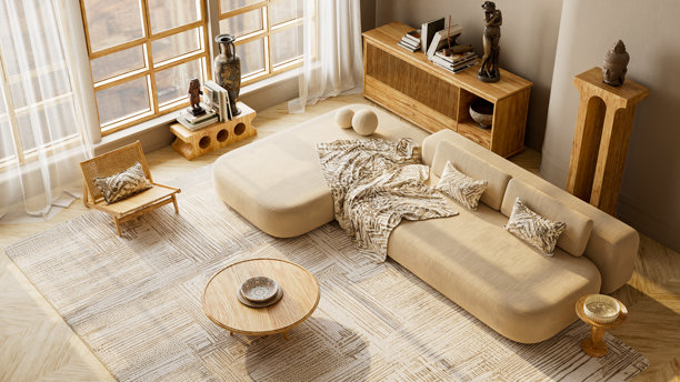 现代日式混搭风格客厅，配有木制家具、柔和的米色调和自然光，极简主义室内 3D 插画图片下载