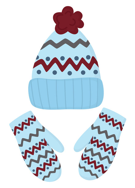 带绒球的蓝色针织帽和带有装饰图案的手套插画图片下载