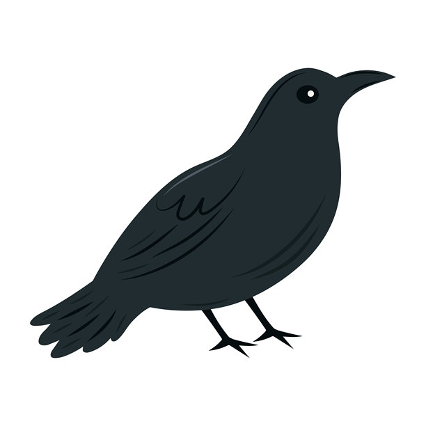 一只简单的扁平矢量插画，描绘了一只黑色的乌鸦或渡鸦。侧面轮廓显示鸟儿站立着，非常适合万圣节的诡异设计或自然主题项目。图片下载