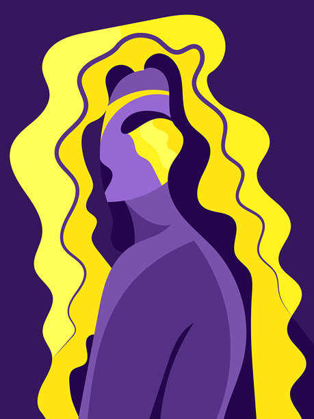 抽象的现代女性肖像，采用紫金色调。多彩流畅的背景，简约设计，矢量插画图片下载