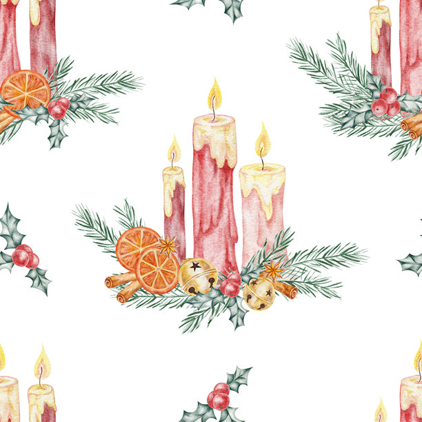 蜡烛、松树和柑橘片的水彩无缝插画，手绘风格。非常适合用于圣诞包装纸、节日文具或冬季产品包装。图片下载