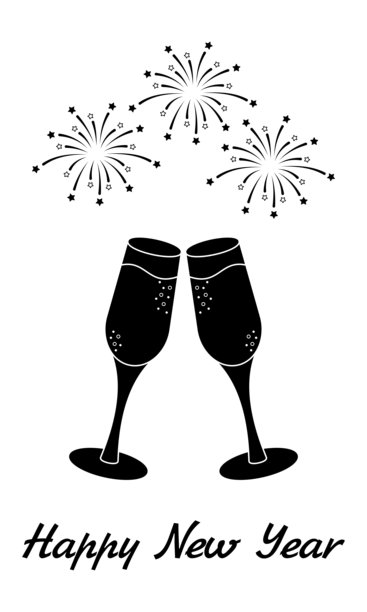 优雅的新年和圣诞节庆祝插画，包含碰杯的香槟酒杯、节日烟花和节日祝福文字。非常适合季节性贺卡、邀请函和装饰品。图片下载