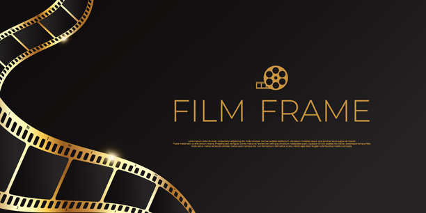 奢华电影胶片边框模板，带有金色胶片条。电影模板。矢量插画图片下载