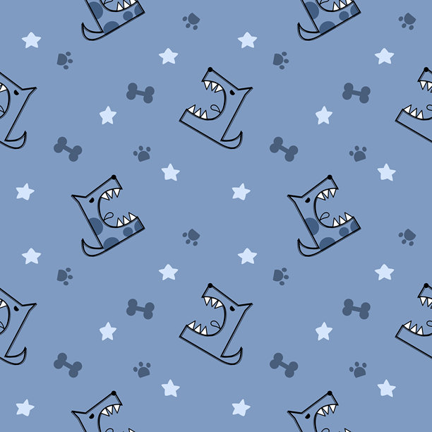 可爱的狗狗卡通形象，在蓝色背景上有脚印、星星和骨头图案，无缝矢量插画。图片下载