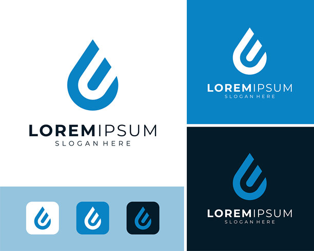 水滴字母E抽象简约蓝色干净现代矢量设计插画图片下载