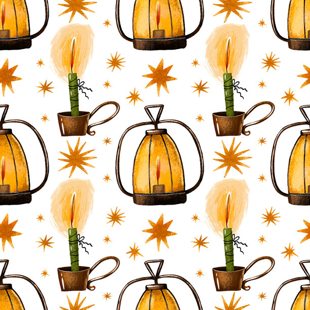 教堂无缝图案，包含蜡烛火焰和油灯。手绘的无限背景插画图片下载