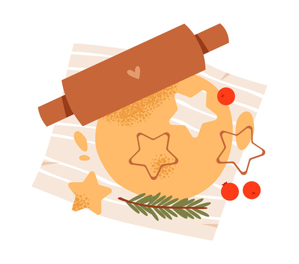 圣诞饼干面团和星星饼干模具。节日饼干切模、擀面杖、浆果和松枝，用于节日烘焙和圣诞准备。图片下载