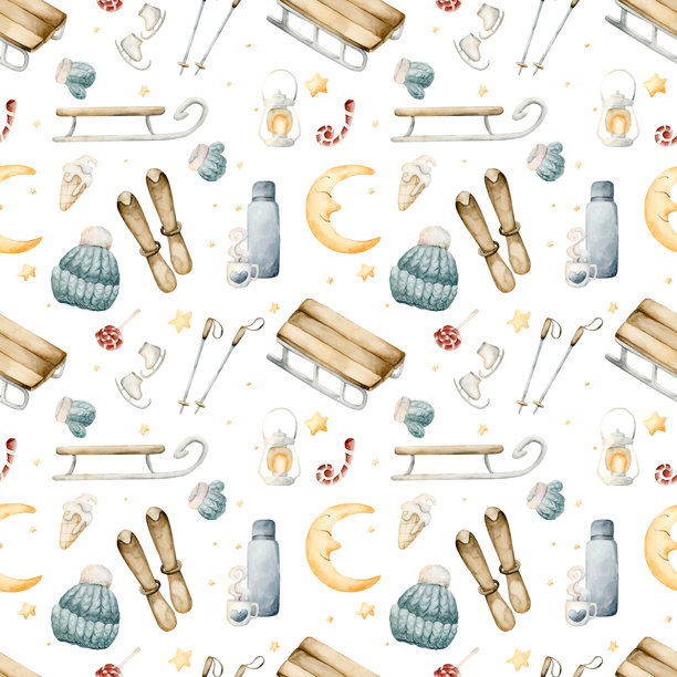 雪橇、滑雪板、冰鞋、冬季乐趣无缝图案。水彩手绘插图，孤立在白色背景上。图片下载