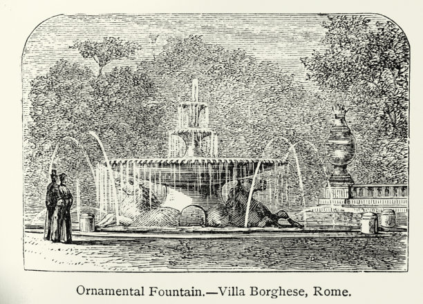 罗马博格赛别墅花园中的历史建筑、装饰喷泉和马匹，19世纪维多利亚风格插画图片下载