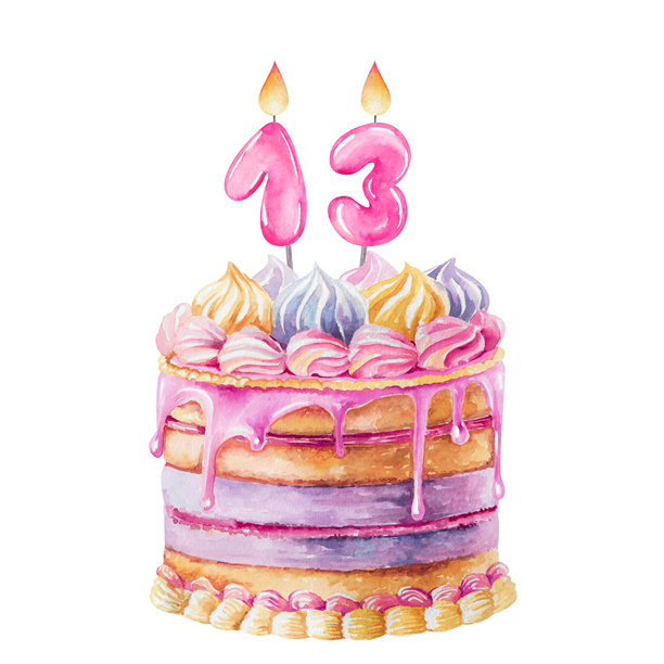 奶油蛋糕，上面有粉色滴落装饰和数字“13”的蜡烛，手绘水彩插画，孤立在白色背景上。美味的甜点剪贴画，采用柔和色彩，适合节日贺卡和生日派对设计。图片下载