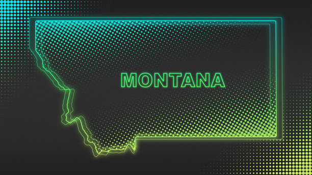 霓虹蓝黄渐变蒙大拿州地图轮廓，未来感发光半调插画图片下载