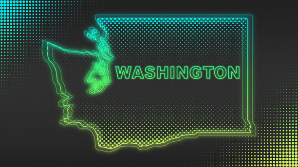 霓虹蓝黄渐变华盛顿地图轮廓，未来感光晕半调插画图片下载