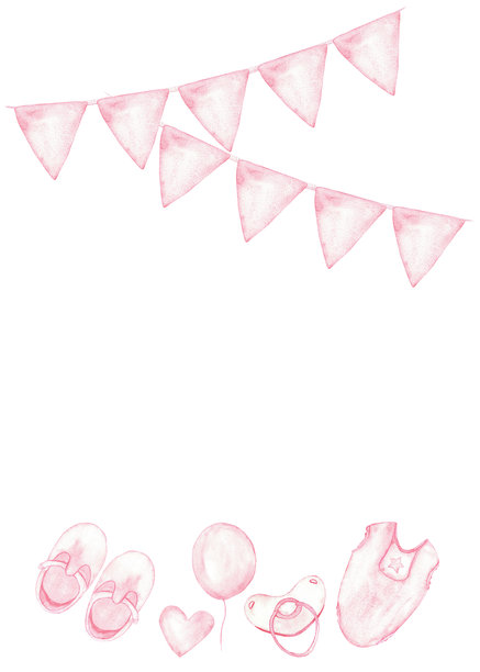 性别揭晓派对卡片设计，带有粉色旗帜和婴儿配饰。适用于婴儿派对、洗礼、男孩或女孩派对的垂直模板。水彩插画。可复制空间。孤立。手绘。图片下载