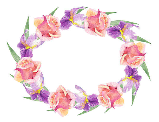 鸢尾花和玫瑰花蕾组成的椭圆形花环。水彩手绘插画。适用于包装设计、卡片、封面、印刷品、产品标签和织物。图片下载