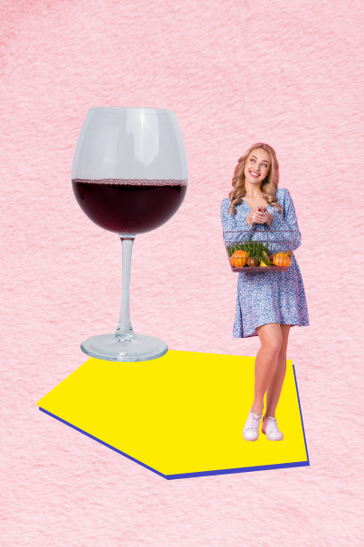 手绘流行横幅插画拼贴，描绘快乐女孩提着购物篮，庆祝蔬菜销售、酒杯祝酒、周六派对。图片下载