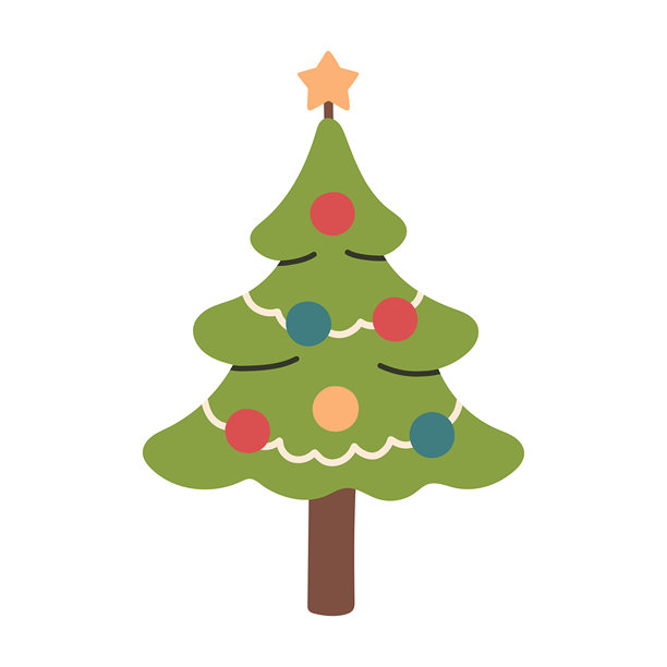 可爱的矢量插画，描绘了一棵装饰精美的圣诞树，树上挂满了五颜六色的装饰品，顶部还有一颗星星。简约的节日主题设计，非常适合贺卡、贴纸、促销活动和季节性装饰。图片下载