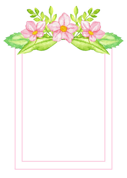 粉色花卉边框设计，用于性别揭晓派对请柬和装饰。垂直模板，适用于婴儿洗礼、男孩或女孩派对。水彩插画。可复制空间。手绘。孤立图片下载