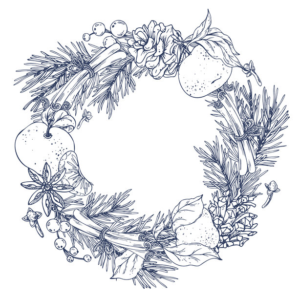 圣诞花环，饰有松枝、松果、橘子、丁香、浆果和肉桂。手绘墨水线条插画。圆形模板，用于文字和祝福的边框。图片下载