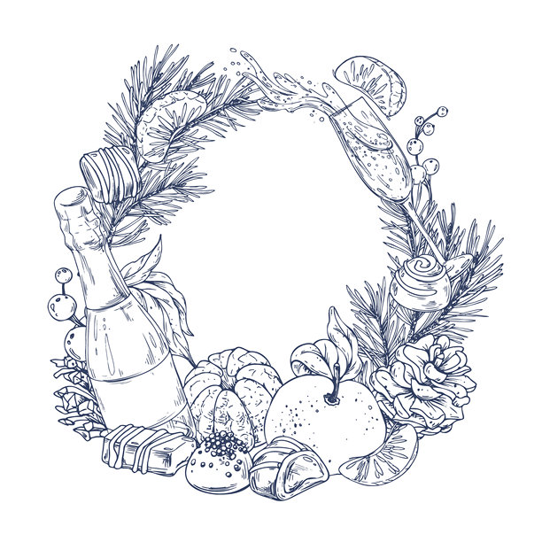 圣诞花环，包含松枝、松果、橘子、香槟和巧克力。线条插画，手绘墨水风格。圆形模板，用于文字和祝福的边框。图片下载
