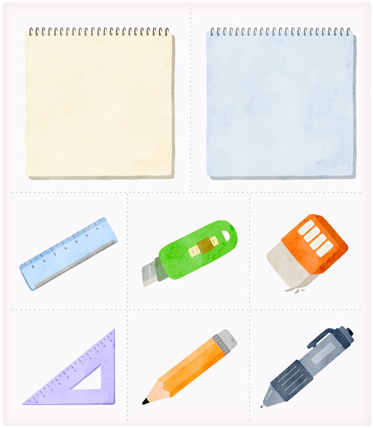 学校和办公室文具工具水彩插画图片下载