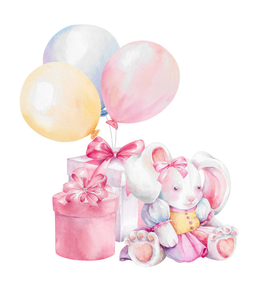 身穿连衣裙的柔软毛绒兔子玩具、气球、带有缎带蝴蝶结的礼品盒。手绘水彩插画，孤立在白色背景上。适合儿童和节日派对设计的精致柔和色调剪贴画。图片下载