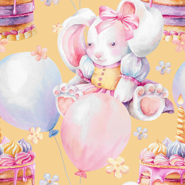 生日蛋糕，毛绒婴儿兔玩具，气球手绘水彩插画，孤立在黄色背景上。带有火焰蜡烛的甜点无缝图案，适用于儿童派对设计、纺织品、壁纸。图片下载