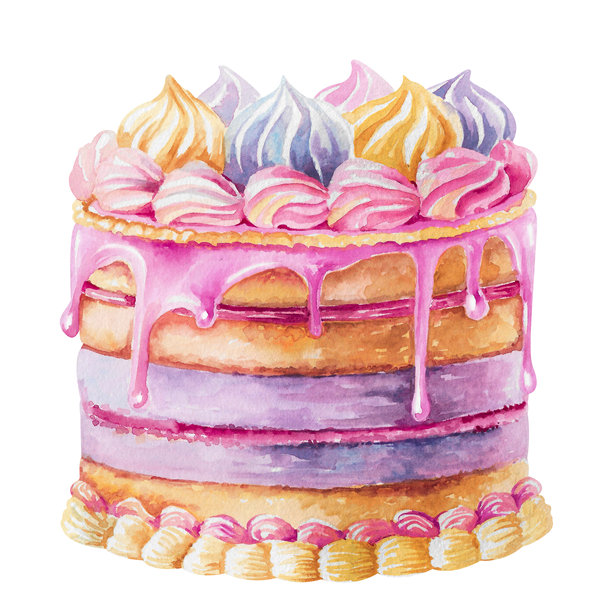 奶油蛋糕滴水手绘水彩插画，孤立在白色背景上。美味的甜点，鲜艳的剪贴画，柔和的色彩，适用于食品、儿童、节日、卡片和派对设计。图片下载