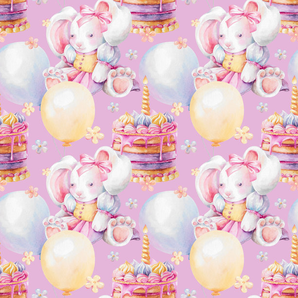 生日蛋糕、兔子毛绒玩具、气球手绘水彩插画，孤立在粉色背景上。柔和色彩的无缝图案，用于儿童派对设计、纺织品、印刷品、织物、包装纸。图片下载
