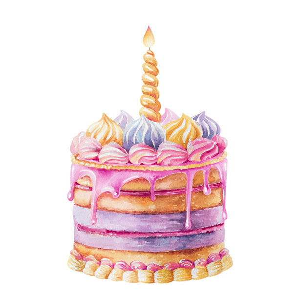奶油蛋糕，带有滴落和燃烧的蜡烛，手绘水彩插画，孤立在白色背景上。美味的甜点剪贴画，采用柔和色彩，适用于食品、儿童节日、派对设计。图片下载
