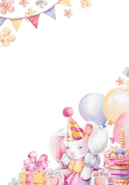 兔子玩具、派对帽、节日彩旗、蛋糕、气球、礼品盒、丝带蝴蝶结。手绘水彩插画，孤立在白色背景上。用于儿童生日设计卡片的柔和色调矩形竖幅。图片下载