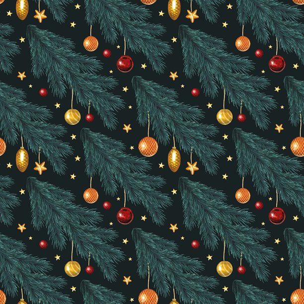 手绘圣诞节无缝图案，深色背景上饰有杉树枝、玩具和星星。水彩插画。图片下载