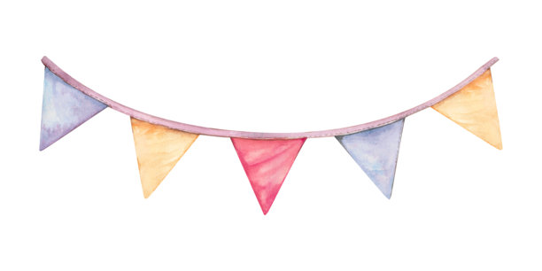 柔和多彩的节日旗帜手绘水彩插画。孤立在白色背景上，用于节日设计、婴儿房装饰、秋季庆典、儿童生日和万圣节派对的剪贴画元素。图片下载