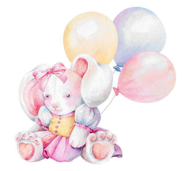身着连衣裙、系着粉色缎带蝴蝶结的柔软毛绒兔子玩具和气球。手绘水彩插画，孤立在白色背景上。适合儿童和节日派对设计的柔和粉彩风格剪贴画。图片下载