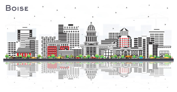 博伊西市天际线，色彩缤纷的建筑和倒影，纯白背景。插画。美国博伊西城市景观，包含地标。商务旅行和旅游概念，配以现代建筑。图片下载