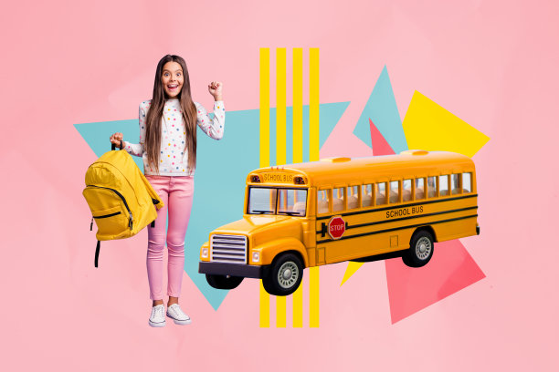 快乐女学生的班级照片拼贴，她背着背包，站在公交车旁，准备秋季九月返校接受教育。图片下载