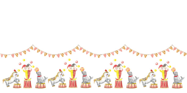 马戏团边框，包含动物和杂技演员。水彩插画。可爱的孩子，无缝马戏团图案。图片下载