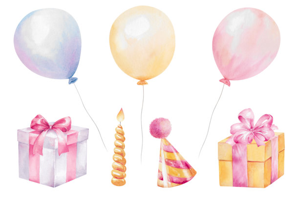 礼品盒、粉彩气球、派对帽和蜡烛。手绘水彩插画。一组孤立在白色背景上的元素，用于节日、儿童生日或周年纪念派对设计。图片下载